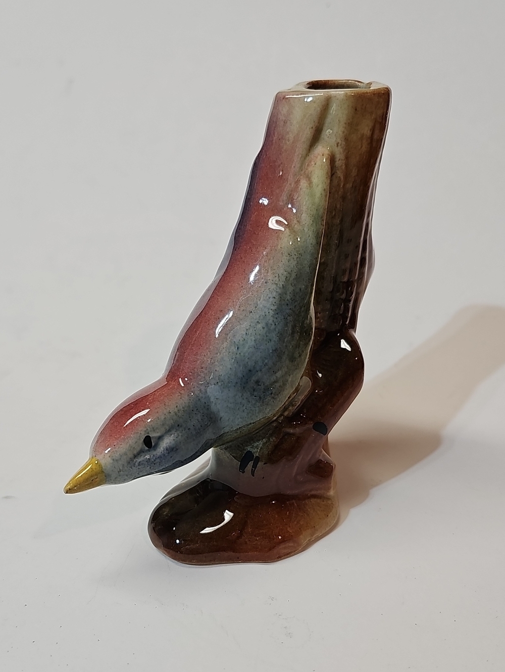 Vintage Ceramic Blue + Pink Nuthatch Bird Figural Bud Vase